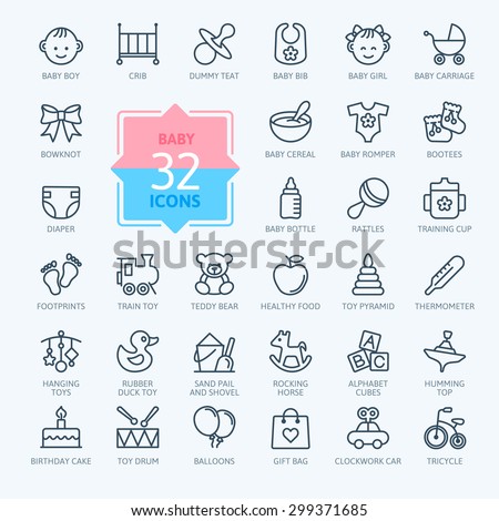 Outline web icon set. Baby toys, feeding and care