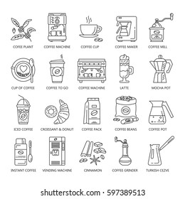 Outline web icon set . Elements - mocha pot, coffee mill, latte, vending, plant, iced coffe, cup, cezve, coffe machine Vector line icons of coffeemaking equipment