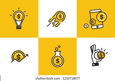 Outline web icon set - money, finance, payments. Logo object with dollar coin. Vector cartoon illustration