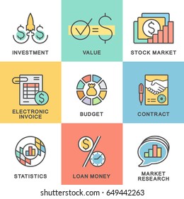 Outline web icon set - money, finance, payments. The thin contour lines.