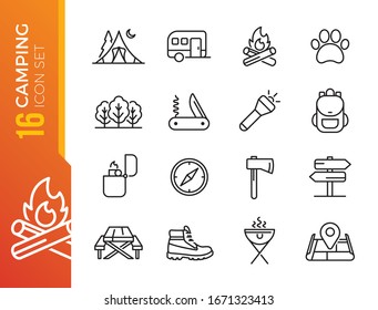 Outline web icon set - summer camping, outdoor, travel.
