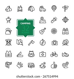 Outline web icon set - summer camping, outdoor, travel.