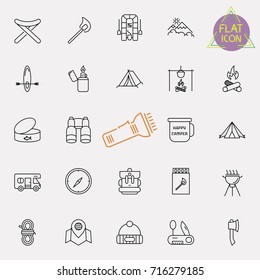 Outline web icon set - summer camping, outdoor, travel.