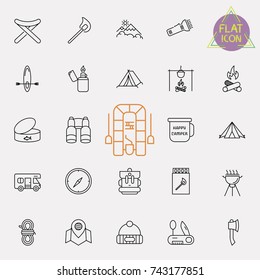 Outline web icon set - summer camping, outdoor, travel.