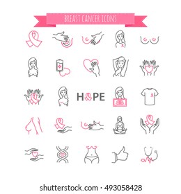 Outline web icons - breast cancer, pink ribbon, medicine for your design