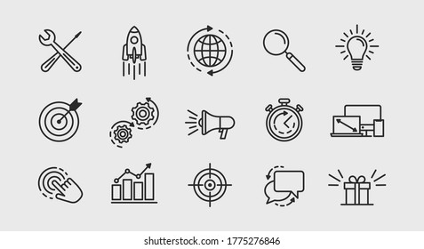 Outline web icons set. Set of 15 SEO icons isolated on white background. Rocket, Global, Search, Idea, Megaphone, Time and other icons for SEO. Vector illustration