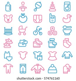 Outline web icons set of baby clothes, toys and food. Vector illustration