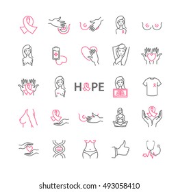 Outline web icons set - breast cancer, pink ribbon, medicine for your design