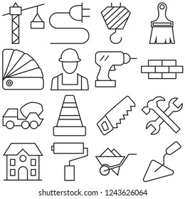 Outline web icons set - building, construction and home repair tools