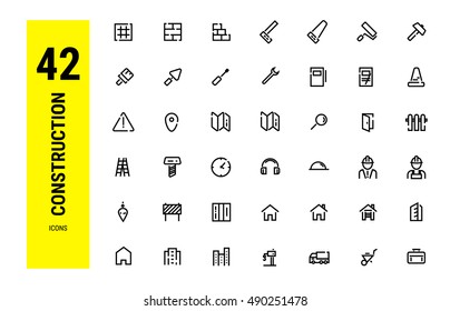 Outline web icons set, building, construction and home repair tools