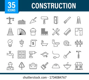 Outline web icons set. Construction and home repair tools, building. Work safety. Vector stock illustration.