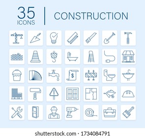 Esquema de conjunto de iconos web. Construcción y reparación de casas, construcción. Seguridad laboral. Ilustración de material vectorial.