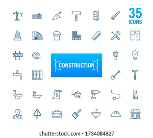 Outline web icons set. Construction and home repair tools, building. Work safety. Vector stock illustration.