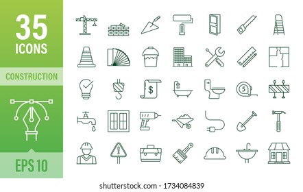 Outline web icons set. Construction and home repair tools, building. Work safety. Vector stock illustration.