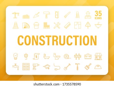Outline web icons set. Construction and home repair tools, building. Work safety. Vector stock illustration.
