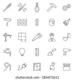 Outline web icons set - construction, home repair tools. Vector graphic illustration. Web design, mobile app.