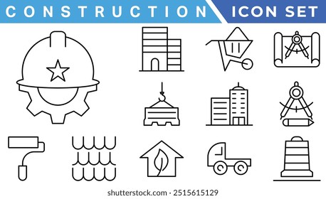 Conjunto de iconos web de contorno: herramientas de construcción, reparación de viviendas. Colección de iconos web de línea fina. Ilustración vectorial simple