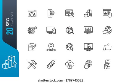 Conjunto de iconos web de esquema - Optimización del motor de búsqueda. Colección de iconos de línea delgada. Ilustración vectorial simple.