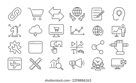 Conjunto de iconos web de esquema - Optimización del motor de búsqueda. Colección de iconos de línea delgada. Ilustración vectorial simple.
