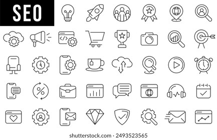 Conjunto de iconos web de esquema - Optimización del motor de búsqueda. Colección de Web de línea fina. Simple Ilustración vectorial.	