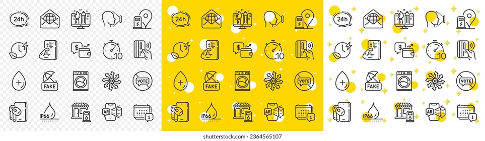 Esquema de correo web, Tiempo de carga e iconos de línea de tiempo para web con auriculares, Fitness, icono de línea de identificación facial. Dejar de votar, diseño creativo, icono del pictograma del calendario. A prueba de agua. Vector