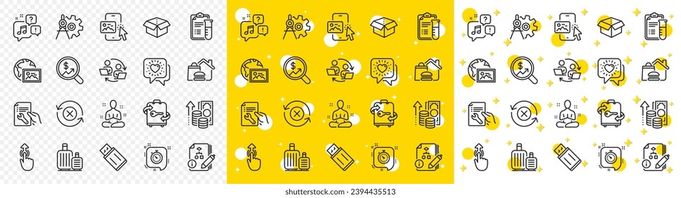 Outline Web photo, Baggage and Voicemail line icons pack for web with Luggage, Food delivery, Cogwheel dividers line icon. Medical analyzes, Phone image, Algorithm pictogram icon. Vector