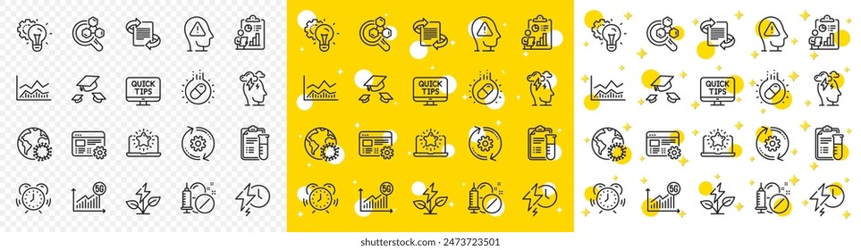 Configuraciones de Web de contorno, tutoriales de Web e íconos de línea de marketing paquete para Web con sombreros de tiro, estadísticas 5g, ícono de línea de energía ecológica. Laboratorio de química, mejor computadora portátil, icono de pictograma de infochart de comercio. Vector