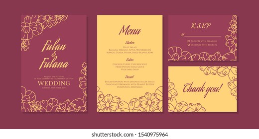 outline wedding invitation card set traditional retro rustic vintage modern abstract doodle hand drawn floral and beauty flower background template mockup ornament gold colorful vector illustration