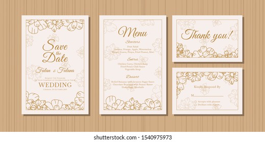 outline wedding invitation card set traditional retro rustic vintage modern abstract doodle hand drawn floral and beauty flower background template mockup ornament gold colorful vector illustration