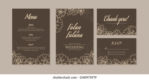 outline wedding invitation card set traditional retro rustic vintage modern abstract doodle hand drawn floral and beauty flower background template mockup ornament gold colorful vector illustration