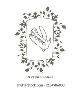 Outline wedding invitation floral card. Simple frame of wildflowers, stems, leaves, bird on white background. Vector illustration, greeting card, logo, branding design, poster, print, wedding