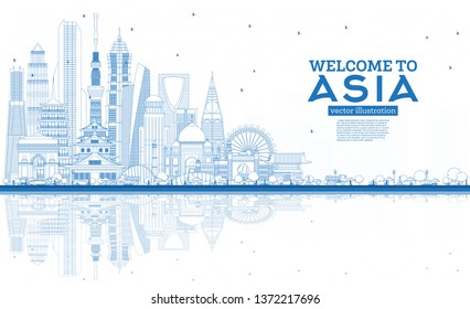 Outline Welcome to Asia Skyline with Blue Buildings. Vector Illustration. Tourism Concept with Historic Architecture. Asia Cityscape with Landmarks. Tokyo. Shanghai. Singapore. Delhi. Riyadh.