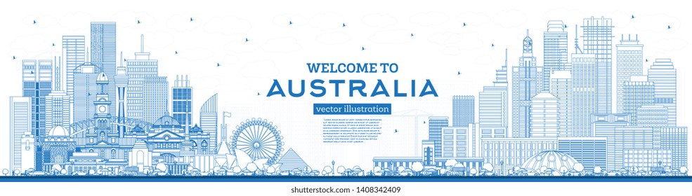 Outline Welcome to Australia Skyline with Blue Buildings. Vector Illustration. Tourism Concept with Historic Architecture. Australia Cityscape with Landmarks. Sydney. Melbourne. Canberra. Brisbane.