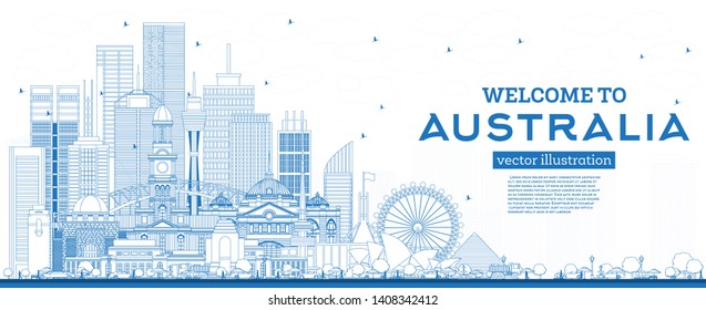 Outline Welcome to Australia Skyline with Blue Buildings. Vector Illustration. Tourism Concept with Historic Architecture. Australia Cityscape with Landmarks. Sydney. Melbourne. Canberra. Brisbane.