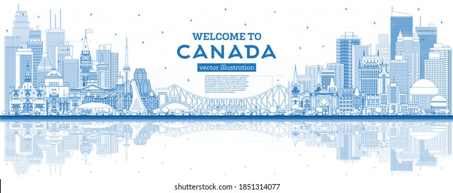 Outline Welcome to Canada City Skyline with Blue Buildings. Vector Illustration. Concept with Historic Architecture. Canada Cityscape with Landmarks. Ottawa. Toronto. Montreal. Vancouver.