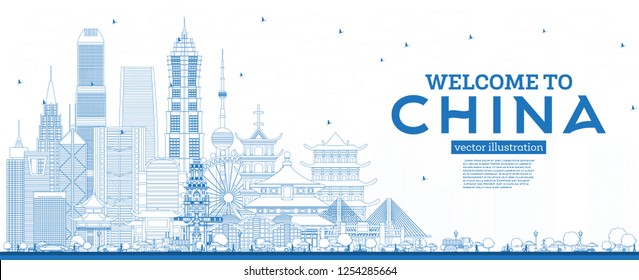 Outline Welcome to China Skyline with Blue Buildings. Famous Landmarks in China. Vector Illustration. Business Travel and Tourism Concept with Modern Architecture. China Cityscape with Landmarks.