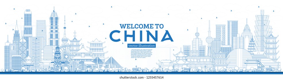Outline Welcome to China Skyline with Blue Buildings. Famous Landmarks in China. Vector Illustration. Business Travel and Tourism Concept with Modern Architecture. China Cityscape with Landmarks.