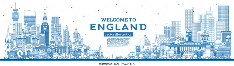 Outline Welcome to England City Skyline with Blue Buildings. Vector Illustration. Concept with Historic Architecture. England Cityscape with Landmarks. Bristol. Leeds. Sheffield. London.