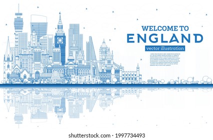 Outline Welcome to England City Skyline with Blue Buildings and Reflections. Vector Illustration. Concept with Historic Architecture. England Cityscape with Landmarks. Bristol. Sheffield. London.