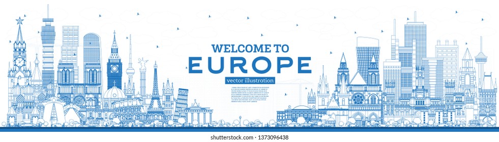 Outline Welcome To Europe Skyline With Blue Buildings. Vector Illustration. Tourism Concept With Historic Architecture. Europe Cityscape With Landmarks. London. Berlin. Moscow. Rome. Paris.