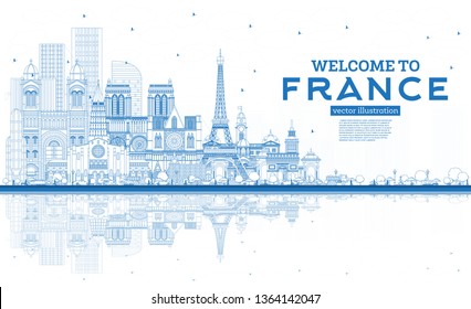 Outline Welcome to France Skyline with Blue Buildings. Vector Illustration. Tourism Concept with Historic Architecture. France Cityscape with Landmarks. Toulouse. Paris. Lyon. Marseille. 