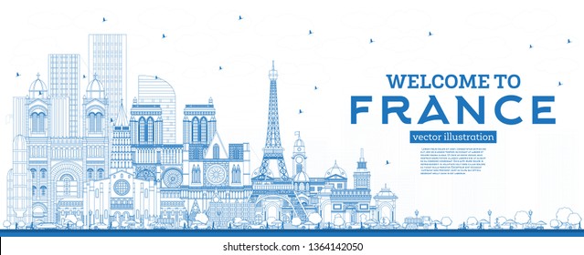 Outline Welcome to France Skyline with Blue Buildings. Vector Illustration. Tourism Concept with Historic Architecture. France Cityscape with Landmarks. Toulouse. Paris. Lyon. Marseille. 