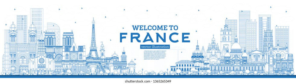 Outline Welcome to France Skyline with Blue Buildings. Vector Illustration. Tourism Concept with Historic Architecture. France Cityscape with Landmarks. Toulouse. Paris. Lyon. Marseille. Nice.