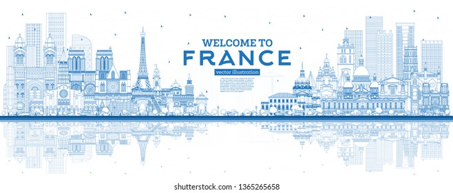 Outline Welcome to France Skyline with Blue Buildings and Reflections. Vector Illustration. Concept with Historic Architecture. France Cityscape with Landmarks. Toulouse. Paris. Lyon. Marseille. Nice.