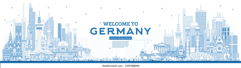 Esquema de bienvenida a Alemania Skyline con edificios azules. Ilustración vectorial. Concepto de viajes de negocios y turismo con arquitectura moderna. El paisaje urbano alemán con monumentos.