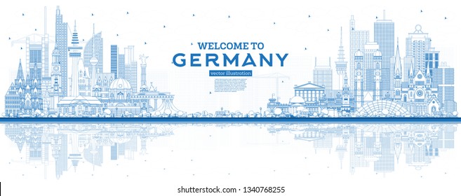 Outline Welcome to Germany Skyline with Blue Buildings and Reflections. Vector Illustration. Business Travel and Tourism Concept with Modern Architecture. Germany Cityscape with Landmarks.