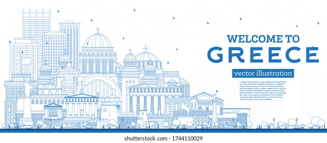 Outline Welcome to Greece City Skyline with Blue Buildings. Vector Illustration. Concept with Historic Architecture. Greece Cityscape with Landmarks. Athens. Thessaloniki. Patras. Heraklion.