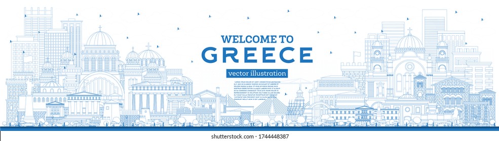 Outline Welcome to Greece City Skyline with Blue Buildings. Vector Illustration. Concept with Historic Architecture. Greece Cityscape with Landmarks. Athens. Thessaloniki. Patras. Heraklion.