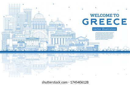 Outline Welcome to Greece City Skyline with Blue Buildings and Reflections. Vector Illustration. Historic Architecture. Greece Cityscape with Landmarks. Athens. Thessaloniki. Patras. Heraklion.