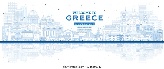 Outline Welcome to Greece City Skyline with Blue Buildings and Reflections. Vector Illustration. Historic Architecture. Greece Cityscape with Landmarks. Athens. Thessaloniki. Patras. Heraklion.